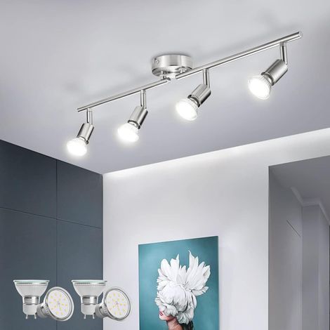 Plafonnier LED 4 Spot, Luminaire Plafond Lustre Orientable GU10 Light, Lampe Eclairage de Cuisine Applique, Ampoules Blanc Neutre Incl 4 x 6W, pour Interieur Salle Manger Salon Bain, Nickel Mat (1/5)