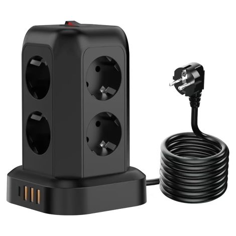 Cavo di prolunga splitter 12 in 1, torre di ricarica Alogy ChargeTower Pro 2500W con 8 prese di ricarica, 3 porte USB-A e 1 porta USB-C, cavo da 1,8 m, nero. (1/5)