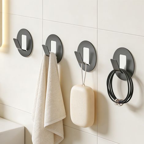doporro Klebehaken extra stark aus Aluminium, Haken selbstklebend, Handtuchhalter ohne Bohren, Wandhaken selbstklebend, Handtuchhaken für Bad und Küche, 4 Stück, Grau, Stalo-16