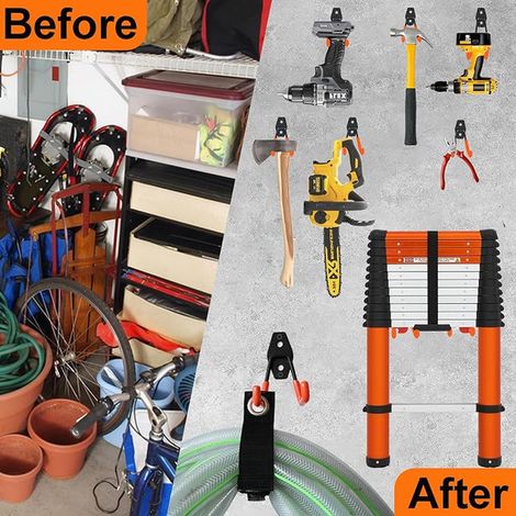Crochet Mural Garage, Tailles, Crochet Mural pour Outils de Jardin, Atelier, Echelle, Organisation de Garage (Orange Crochets Muraux) (1/4)