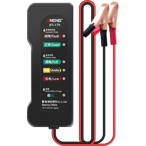 Testeur de batterie portable BT170 12 V pour voiture et moto (compatible 9-24 V CC) avec indicateur LED, analyseur de défauts et test de surcharge. (1/5)