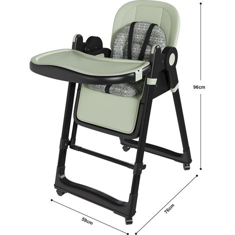 Chaise haute bébé 2 en 1 avec fonction bascule, harnais de sécurité 5 points, roues verrouillables, tablette amovible, pliable et réglable en hauteur, vert foncé (1/4)