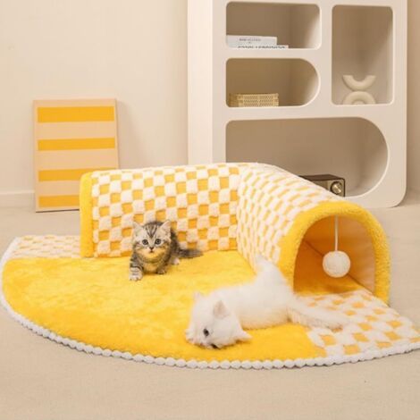 Tunnel pour chat 2 en 1 en peluche à carreaux, carré et moelleux, pour l'hiver (jaune, 80 x 80 cm) (1/4)