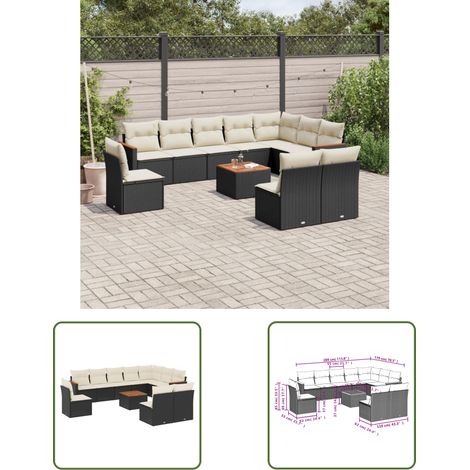 The Living Store Salon de jardin 11 pcs avec coussins noir résine tressée - Ensemble Salon De Jardin - Meuble Extérieur - Jardin - Canapé Pliable - Rotin Synthétique
