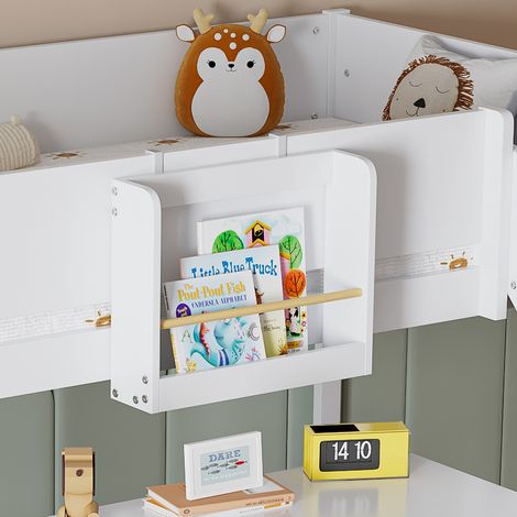 DOKEA Lit superposé 90 x 200 cm en pin et MDF avec échelle 3 marches, toboggan et étagère, blanc et naturel - sans matelas (1/5)