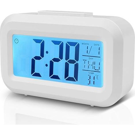 Digitaler Wecker mit LED-Anzeige, intelligenter Temperaturalarm, batteriebetrieben (weiß)