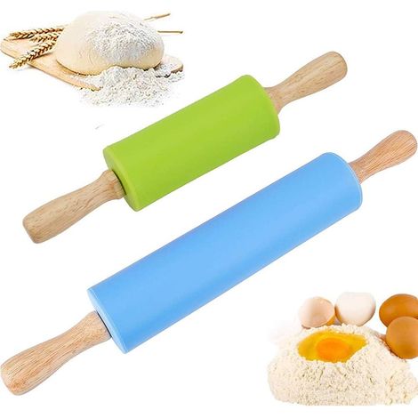 Mattarello in silicone con manico in legno massello e punta antiaderente (blu, verde), set da 2. (1/4)