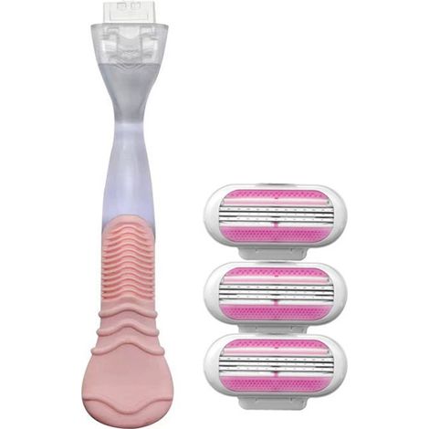 Rasoir Femme à 3 Lames Rechargeables - Rasage Doux et Précis pour Aisselles et Parties Intimes (1 manche vintage rose + 3 têtes de rasoir triple lame) (1/4)