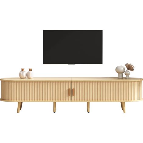 Meuble TV de salon avec rangement et plateau rond effet bois MDF, 2 tiroirs, capacité 30 kg, 175 × 40 × 42 cm (1/5)