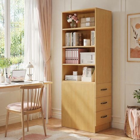 Mueble estrecho de almacenamiento 180 cm con cajones laterales y estantes ajustables, roble DESVIAE (1/5)