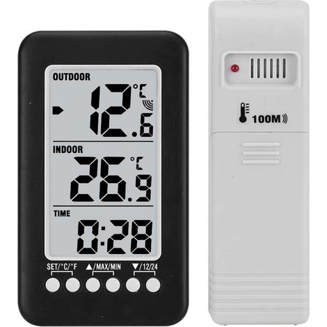 1 Thermomètre numérique sans fil, écran LCD 94x54mm, portée 100m, intérieur/extérieur, format 12H/24H, usage domestique (1/5)