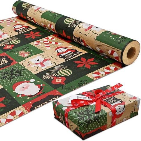 Rollos de papel de regalo navideño - 43 cm x 3 m, papel kraft impreso, reciclable, ideal para envolver artículos navideños. (1/2)