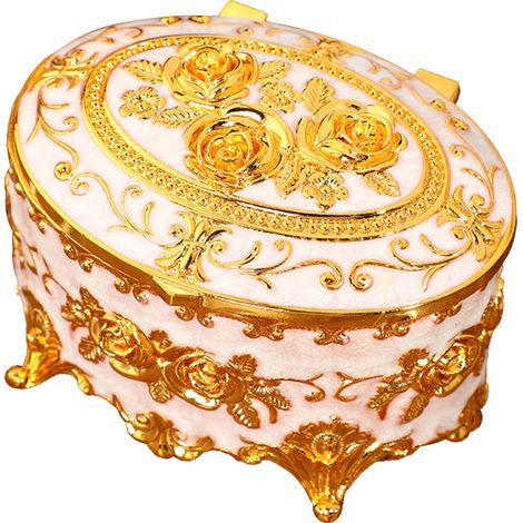 Boîte à bijoux style européen vintage en métal émaillé rose doré, rangement luxueux léger pour coiffeuse, design floral élégant (1/3)