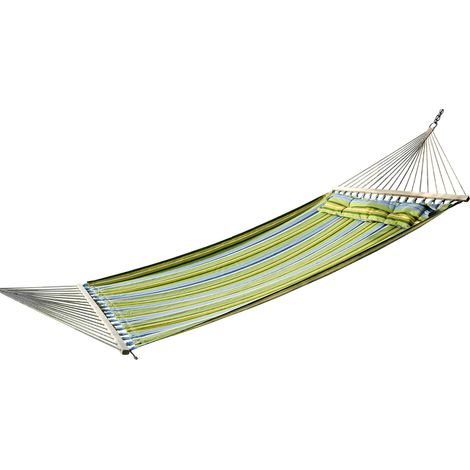 Hamac suspendu de jardin pour 2 personnes, écologique, idéal pour le camping, avec oreiller. Charge maximale : 180 kg. Rayures bleues et vertes. Dimensions : 3,4 x 1,4 m.