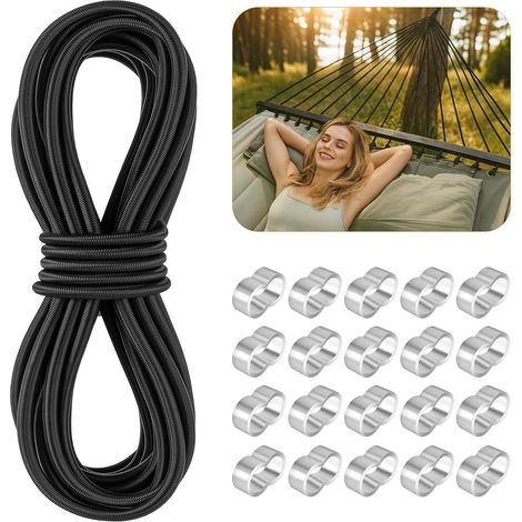 Tendeur Élastique 6 mm x 10M Noir, Corde Elastique pour Bache avec 20 M6 Manchons Aluminium, Elastique Corde en Caoutchouc pour Bâche Tente, Bâche de Remorque (1/5)