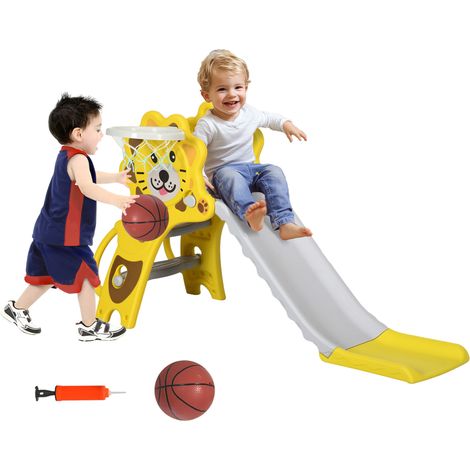 Indoor-/Outdoor-Kinderrutsche mit Basketballkorb für Kinder von 18 bis 36 Monaten, gelb, grau
