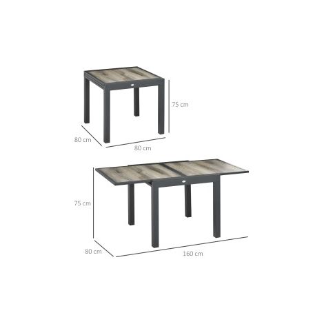 Table de jardin extensible en aluminium avec plateau imitation bois beige et gris 160 x 80 x 75 cm (1/5)