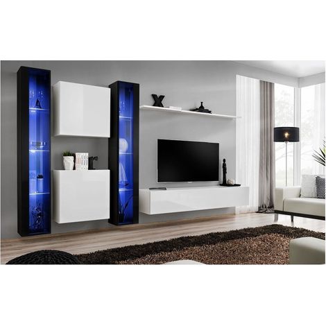 Ensemble meuble TV mural  - Switch XVI - 330 cm  x 180 cm x 40 cm - Noir et blanc - Livraison gratuite