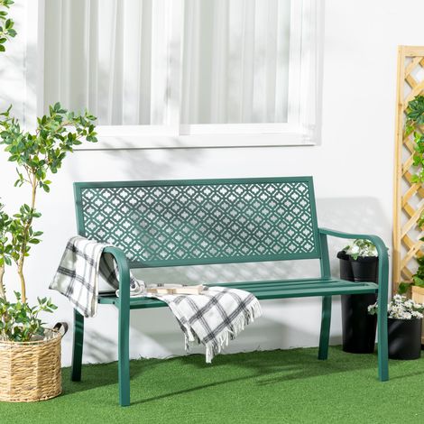 REDOM Banco de jardín 127x63x83 cm, 2 plazas con respaldo y reposabrazos, estructura de acero, verde oscuro (1/5)