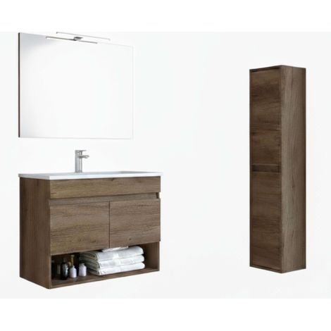 Pack de Muebles de Baño en Color Roble Nordik formado por Mueble de Baño, Columna, Espejo y Lavabo Cerámico