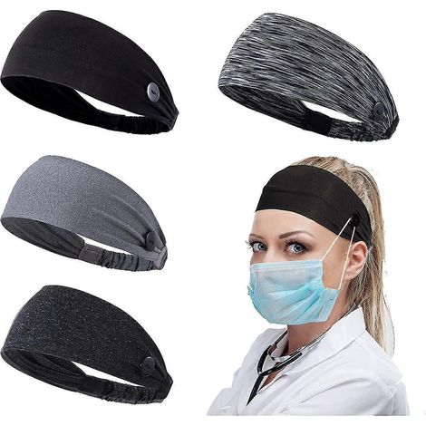 Damen-Stirnband mit Knöpfen für Gesichtsmasken und -bedeckungen, Unisex-Haarband mit elastischem Band für Krankenschwestern, Ärzte und Ohrenschutz-Black Gray Stripe Darkgray