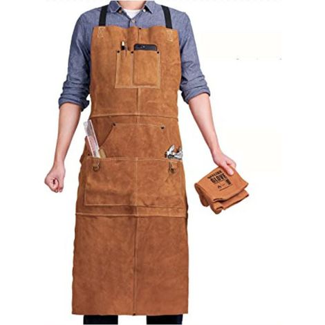 Welding Apron with 6 Pockets, Heat Resistant Fireproof Leather Work Apron, Adjustable M-XXXL Carpenter Apron for Men, Perfect for Blacksmith, Mechanic, Workshop YMYNY