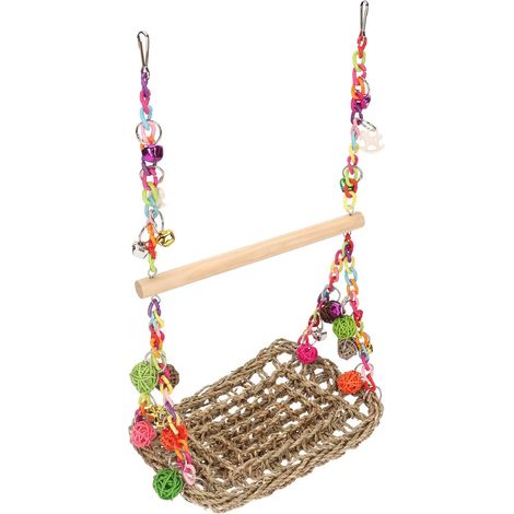 Balançoire pour oiseaux en jonc de mer, boules de rotin colorées, hamac double couche pour perroquet avec perchoir en bois pour oiseaux de compagnie (1/5)