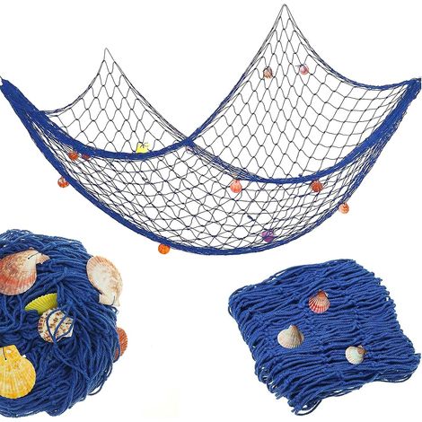 Filet de Peche Decoratif,1M 2M Décoration en Résille avec 9 pièces de Coquilles,Filet Mural Bleu,Décoration Murale Maritime pour Décoration Intérieure,Scène et Événements (1/5)