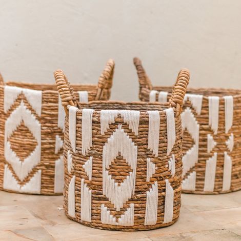 Grand Panier de Rangement Rond en Fibres de Bananier et Macramé en Coton pour Linge et Plantes - PANGIVO