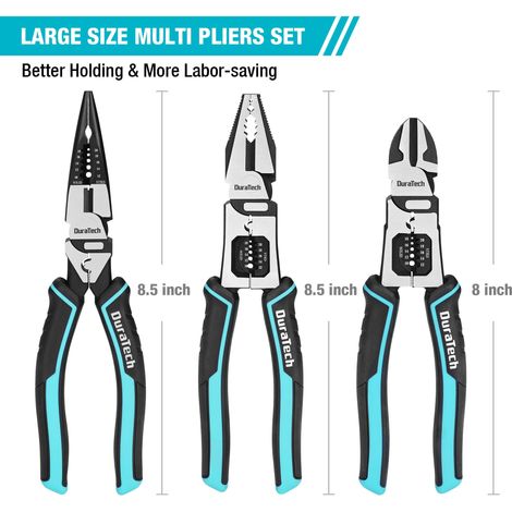 Set de 3 pinces : Grande pince multifonction 6-en-1 (dénudeur, sertisseur et coupe-fil), pince à bec long de 8,5", pince de monteur de 8,5" et pince coupante diagonale de 8" (1/4)
