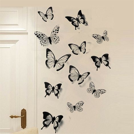 24pcs Sticker Stickers Muraux Dcorations pour la Maison 3D Papillon Noir Blanc (1/5)