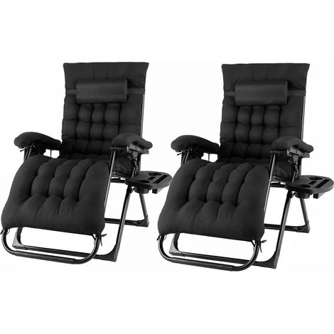 2er Set Klappbarer Zero-Gravity-Loungesessel, Übergröße, Liegestühle, Baumwollkissen für Garten, Außenterrasse, Sonnenliege, Belastung 160 kg, Schwarz