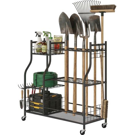 3-stöckiger Gartengeräte-Organizer aus Stahl, 32 Fächer, 4 Rollen, 11 Haken, 104 x 40 x 95 cm, Schwarz