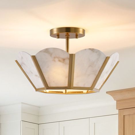 Parrot Uncle Semi Flush Ceiling Light, Gold 3 Light E14 Ceiling Lamp with Faux Alabaster Glass Shade, Luxury Modern Fixture for Living Room Bedroom Hallway