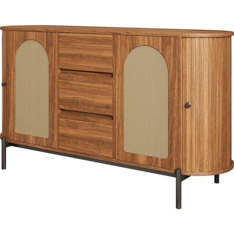 Ovales Sideboard aus MDF in Nussbaumoptik mit Rattantüren, 3 Schubladen und verstellbaren Böden (1/5)