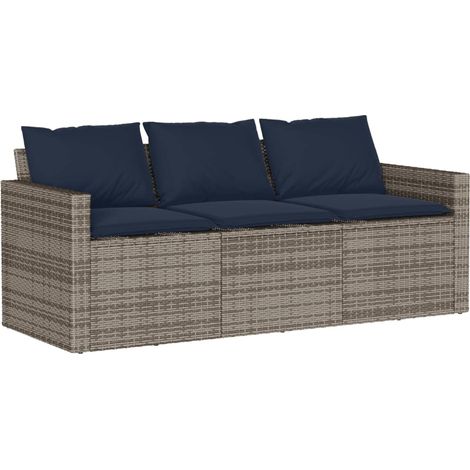 Gartensofa mit Kissen 3-Sitzer Grau Poly Rattan vidaXL