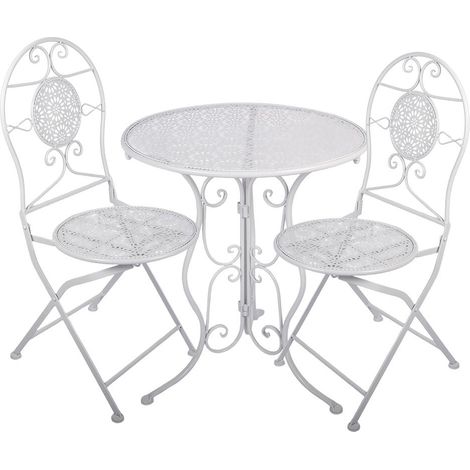 Salon de Jardin Bistrot 3 Pièces Table Ronde Ø 60 cm et 2 Chaises en Métal Blanc - PANGIVO (1/5)