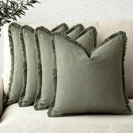 Juego de 4 fundas decorativas de lino para cojines con flecos. Fundas acogedoras de estilo bohemio con borla，color verde militar，45 x 45 cm，verde (1/5)