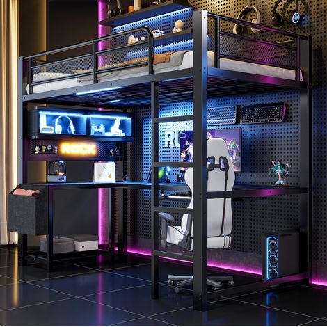 Gaming-Hochbett 90 x 200 cm mit Schreibtisch, LED, USB-Anschlüssen, schwarz HAVRYA (1/5)