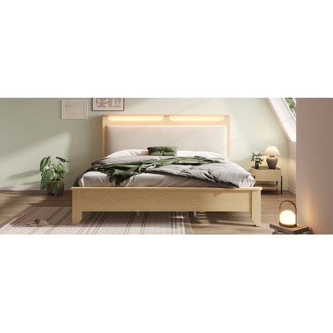 Letto matrimoniale in legno e corduroy beige 140x200 cm, con testiera contenitore, LED e rete a doghe inclusa (1/5)