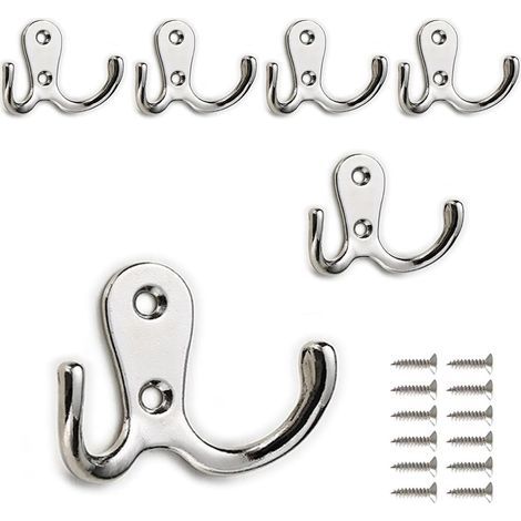 (Silber) Set mit 6 doppelten Metallhaken inklusive Schrauben zum Aufhängen von Kleidung, Hüten, Handtüchern, Schlüsseln und Küchenutensilien für Wohnzimmer, Schlafzimmer, Badezimmer und Küche (1/5)
