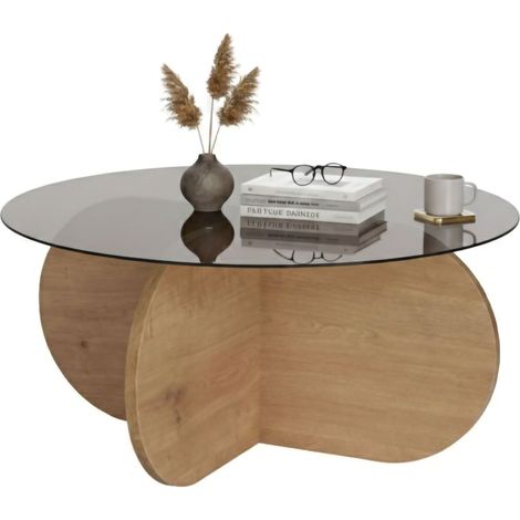 Couchtisch Cugnoli, Runde Form, Klarglasplatte, Gestell-Farbton Eiche, 75x75x35h cm Eiche Braun