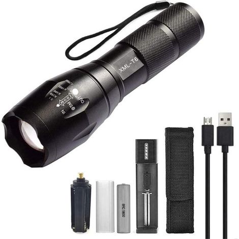 Longziming - Lampe torche tactique LED – Lampe torche ultra-lumineuse à haut flux lumineux avec 5 modes d'éclairage et fonction zoom – Lampe torche rechargeable portable pour les activités de plein ai (1/5)