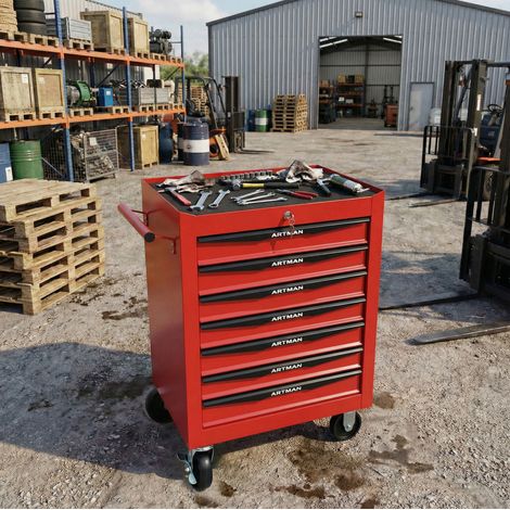 Meuble rangement 7 tiroirs roulant acier rouge OKMYHOME (1/5)
