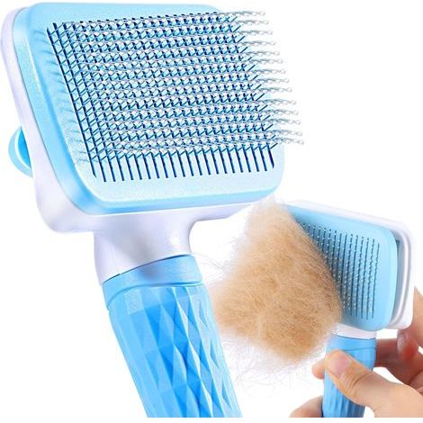 Spazzola per cani e gatti - Spazzola per animali domestici - Spazzola per pelo lungo e corto - Pulisce il pelo con un pulsante - Blu (1/5)