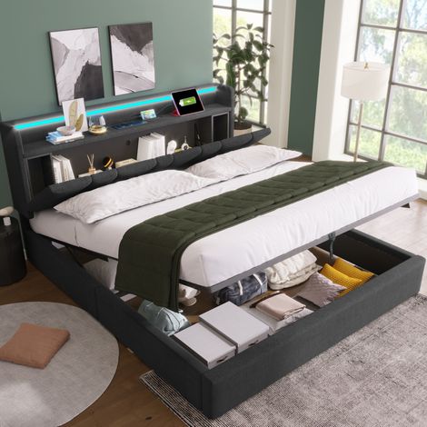 Bett mit Stauraum Leinen Grau 140x200 cm, LED-Beleuchtung, Kopfteil mit Steckdosen und USB, inklusive Lattenrost (1/5)