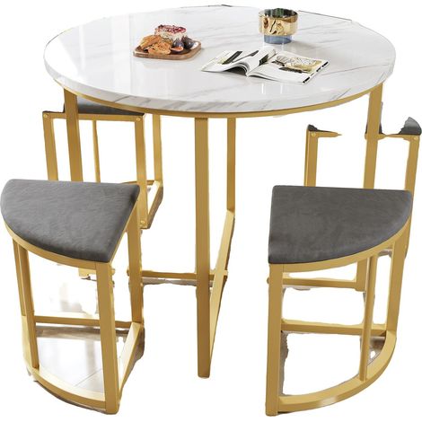 Ensemble de Table à Manger, Plateau Rond en MDF, Chaises en Velours Rembourrées, Blanc-gris (1/2)