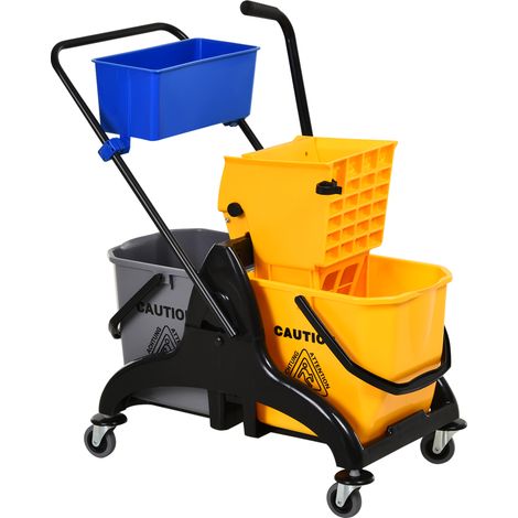 Chariot de nettoyage avec seau 26 L et essoreuse latérale, panier de rangement, 78 x 45 x 95 cm, jaune (1/5)
