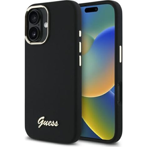 Guess GUHCP16MSMBSLK iPhone 16 Plus 6.7" nero/nero custodia rigida in silicone con scritta e cornice in metallo (1/5)