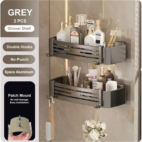 (gris-2) Étagère murale rectangulaire pour salle de bain, porte-serviettes, porte-shampoing mural pour douche, sans perçage (1/5)